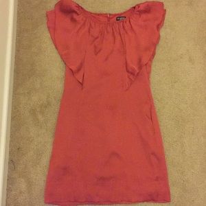 Coral silk like dress with ruffled sleeves. Size 6